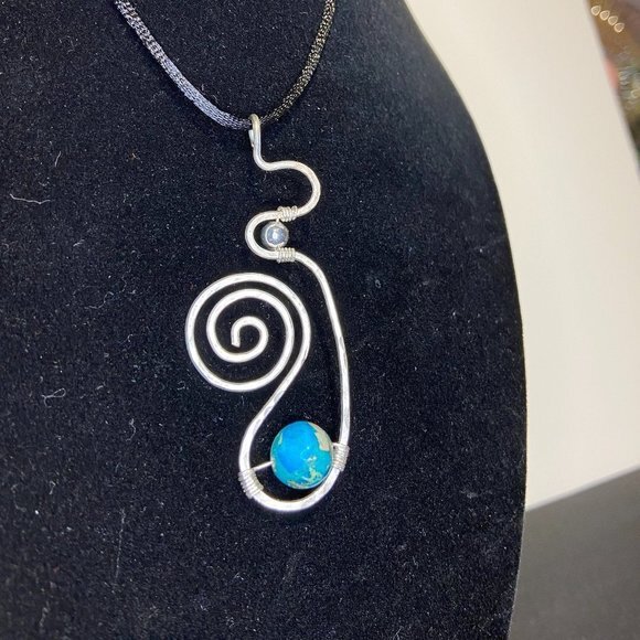 Truly Unique Hammered Stainless Steel Pendant w Blue Dyed Imperial Jasper Bead - Picture 4 of 6